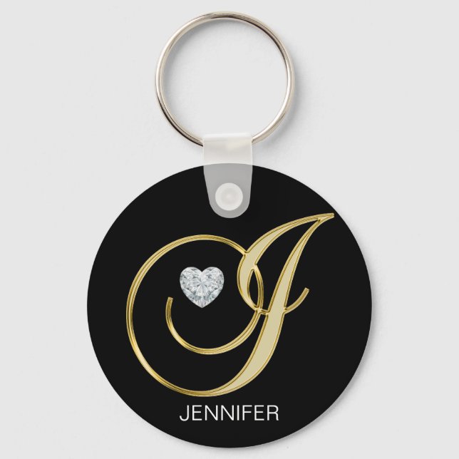 Elegant Personalized Gold Monogrammed Letter J Keychain (Front)