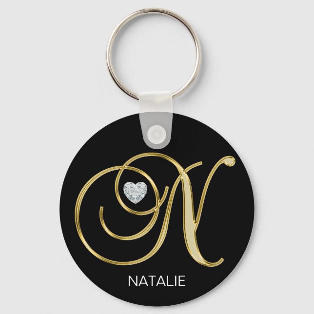 Elegant Personalized Gold Monogrammed Letter N Keychain (Front)