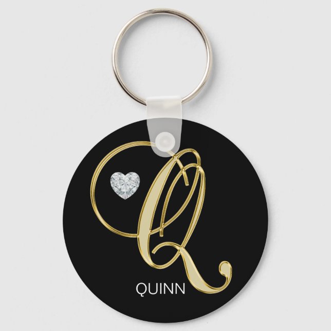 Elegant Personalized Gold Monogrammed Letter Q Keychain (Front)
