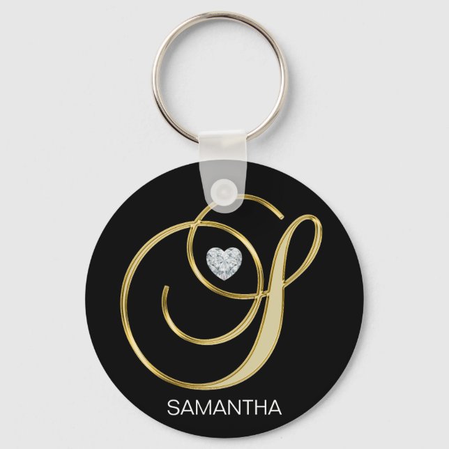 Elegant Personalized Gold Monogrammed Letter S Keychain (Front)
