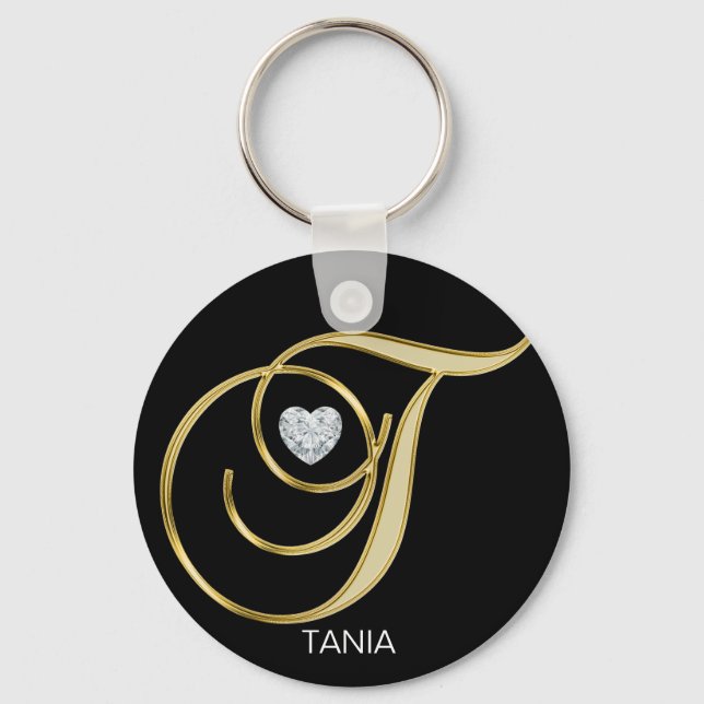 Elegant Personalized Gold Monogrammed Letter T Keychain (Front)