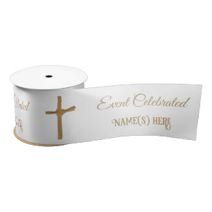 Elegant Personalized Golden Palm Cross Baptismal Satin Ribbon