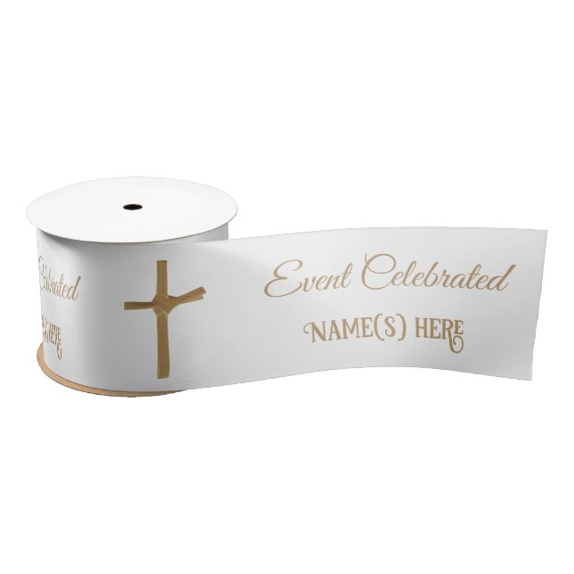 Elegant Personalized Golden Palm Cross Baptismal Satin Ribbon (Spool)