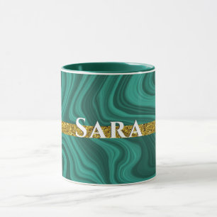 elegant personalized green agate gold glitter mug