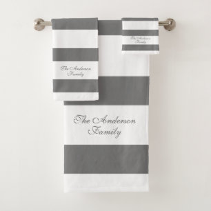 Elegant Personalized Grey and White Stripes Bath Towel Set