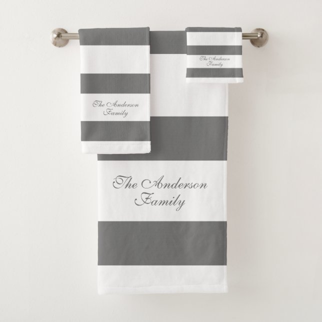Elegant Personalized Grey and White Stripes Bath Towel Set (Insitu)