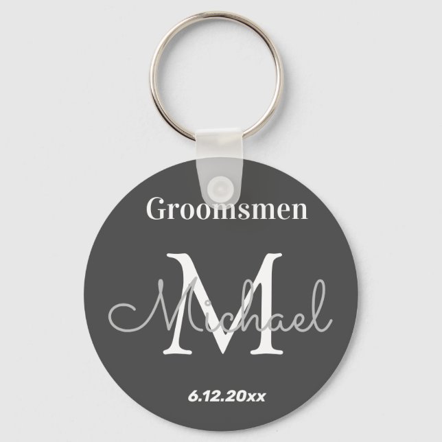 elegant personalized  groomsmen black white keychain (Front)