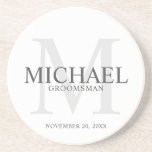 Elegant Personalized Groomsmen Coaster<br><div class="desc">Add a personal touch to your wedding with personalized groomsmen coaster.
This coaster features personalized groomsman's name with title and wedding date in grey and monogram in light grey as background,  in classic serif font style.

Also perfect for best man,  father of the bride,  ring bearer and more.</div>