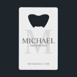 Elegant Personalized Groomsmen Credit Card Bottle Opener<br><div class="desc">Add a personal touch to your wedding with personalized groomsmen credit card bottle opener. This bottle opener features personalized groomsman's name with title and wedding date in grey and monogram in light grey as background, in classic serif font style, on white background. Also perfect for best man, father of the...</div>