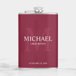 Elegant Personalized Groomsmen Monogram and Name Hip Flask<br><div class="desc">Add a personal touch to your wedding with personalized groomsmen flask. This flask features personalized groomsman's name with title and wedding date in white and monogram in light burgundy red as background, in classic serif font style, on burgundy red background. Also perfect for best man, father of the bride and...</div>