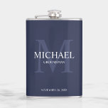 Elegant Personalized Groomsmen Monogram and Name Hip Flask<br><div class="desc">Add a personal touch to your wedding with personalized groomsmen flask. This flask features personalized groomsman's name with title and wedding date in white and monogram in light navy blue as background, in classic serif font style, on navy blue background. Also perfect for best man, father of the bride and...</div>