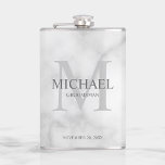 Elegant Personalized Groomsmen Monogram and Name Hip Flask<br><div class="desc">Add a personal touch to your wedding with personalized groomsmen flask. This flask features personalized groomsman's name with title and wedding date in grey and monogram in light grey as background, in classic serif font style, on white marble background. Also perfect for best man, father of the bride and more....</div>