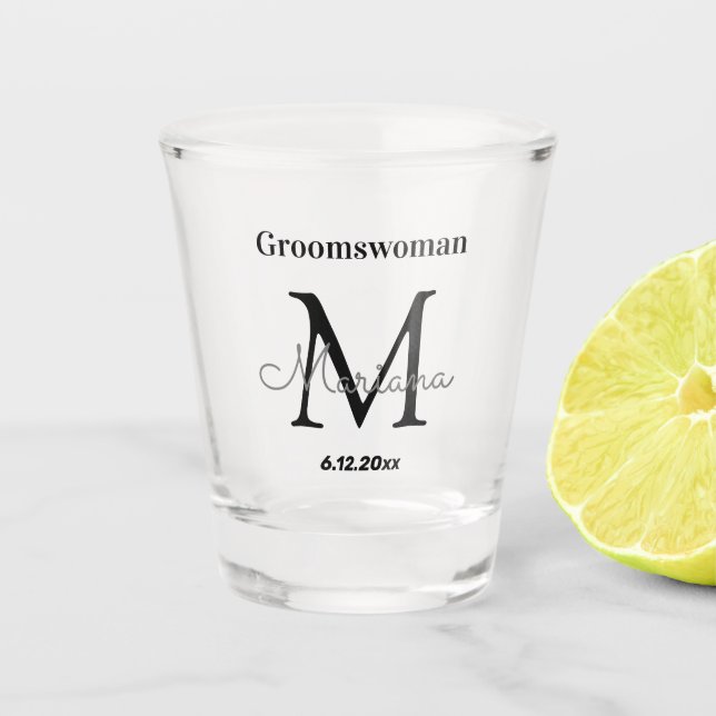 elegant personalized groomswoman monogram shot glass (Front)