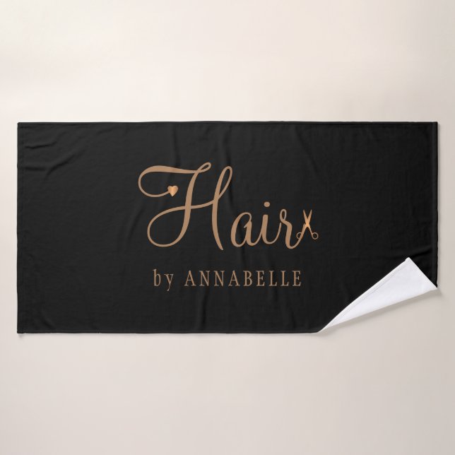 Elegant personalized hair stylist name gold black bath towel (Bath Towel)