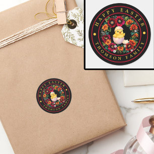 Elegant Personalized Happy Easter Chick and Floral Classic Round Sticker
