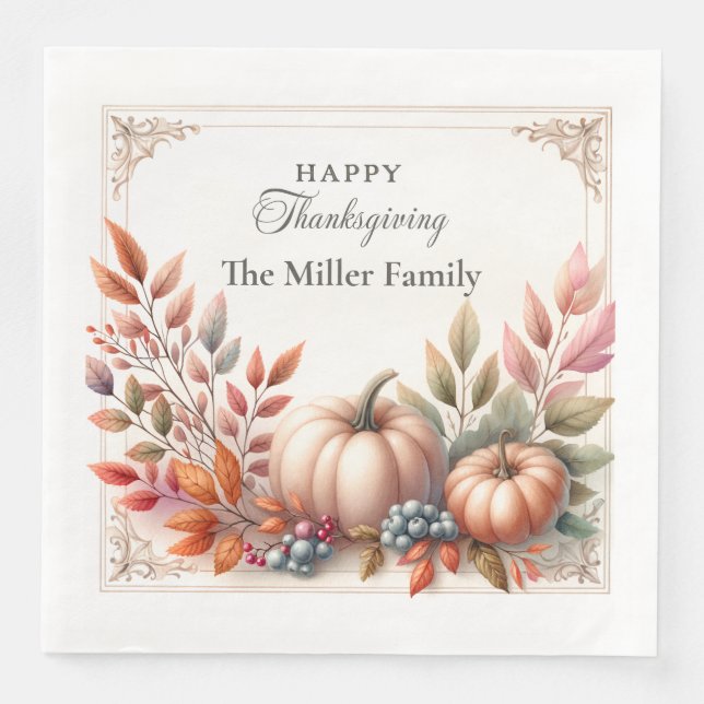 Elegant Personalized, Happy Thanksgiving Pumpkins Napkin (Front)
