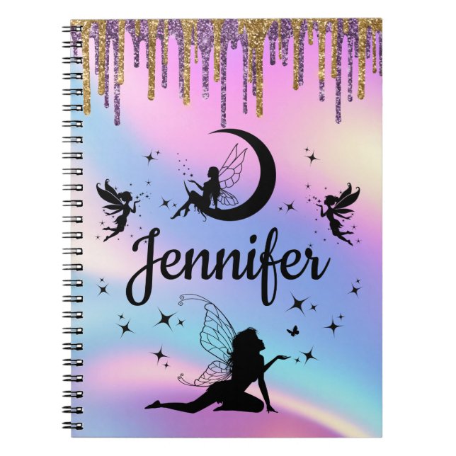 elegant personalized holographic fairy glitters notebook (Front)