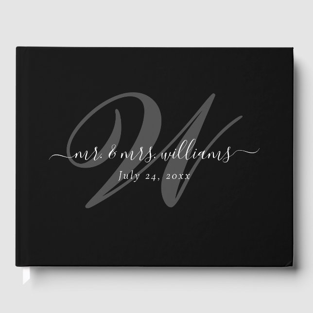 Elegant Personalized Modern Black Monogram Wedding Guest Book (Front)