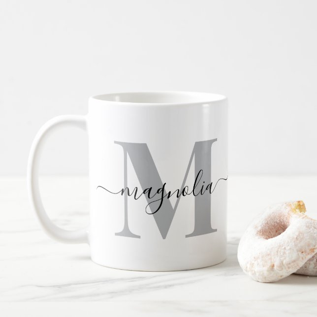 Elegant Personalized Monogram Grey Black Initial Coffee Mug (With Donut)