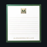 Elegant Personalized Monogram Lined Notepad<br><div class="desc">Stay organized in style with this personalized monogrammed notepad featuring a sophisticated emerald green and gold monogram design. The lined pages provide ample space for jotting down notes, to-do lists, and more, while the elegant design adds a touch of luxury to your everyday life. Perfect for personal use or as...</div>