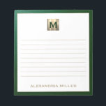 Elegant Personalized Monogram Lined Notepad<br><div class="desc">Stay organized in style with this personalized monogrammed notepad featuring a sophisticated emerald green and gold monogram design. The lined pages provide ample space for jotting down notes, to-do lists, and more, while the elegant design adds a touch of luxury to your everyday life. Perfect for personal use or as...</div>