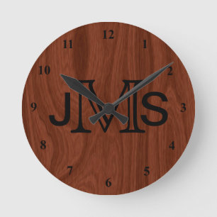 Elegant Personalized Monogram Mahogany Wood Look Round Clock