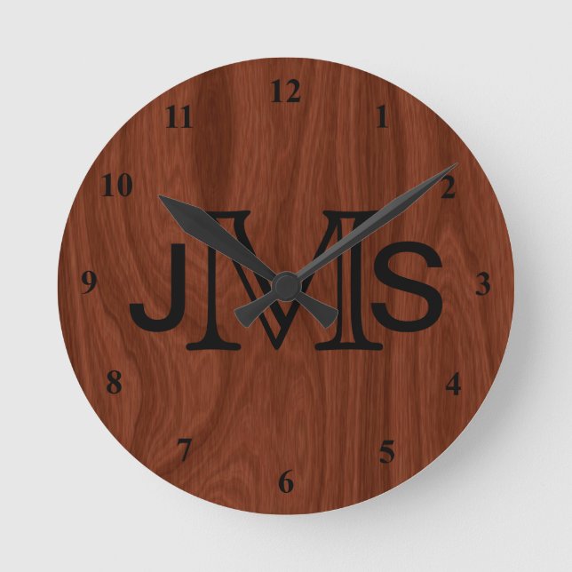 Elegant Personalized Monogram | Mahogany Wood Look Round Clock (Front)