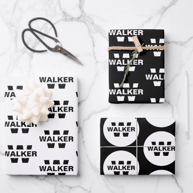 Elegant Personalized Monogram Name Black White Wrapping Paper Sheet (Front)