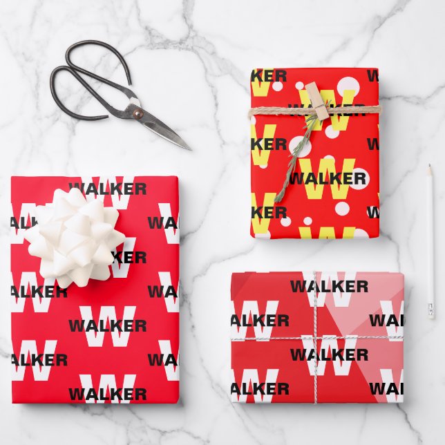Elegant Personalized Monogram Name Bright Red Gift Wrapping Paper Sheet (Front)