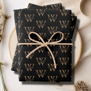 Elegant Personalized Monogram Name Custom Black Wrapping Paper Sheet