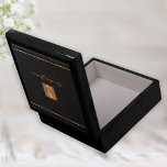 Elegant personalized monogram name script black gift box<br><div class="desc">Luxury exclusive looking monogrammed stylish personalized jewellery keepsake box featuring a faux gold copper metallic glitter square and lines over a stylish classy black leather look background.           Personalize it with your name and monogram initials.</div>