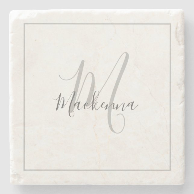 Elegant Personalized Monogram Name Stylish Script Stone Coaster (Front)