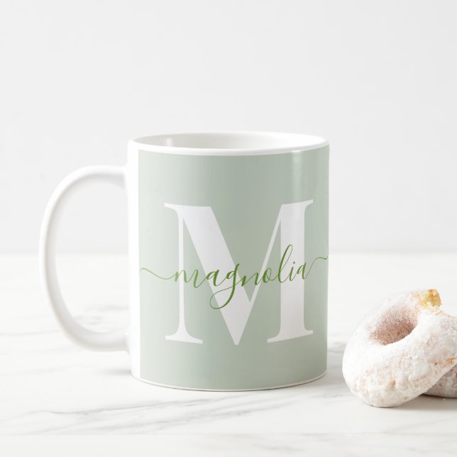Elegant Personalized Monogram Sage Green Initial Coffee Mug (With Donut)
