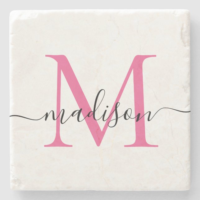Elegant Personalized Monogram Script Magenta Pink Stone Coaster (Front)