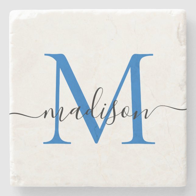Elegant Personalized Monogram Script Navy Blue Stone Coaster (Front)