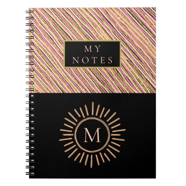 Elegant Personalized Monogram Stripes Yellow Gold Notebook (Front)