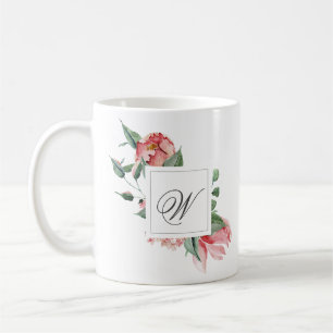 Elegant Personalized Monogram with Pink Roses Coffee Mug