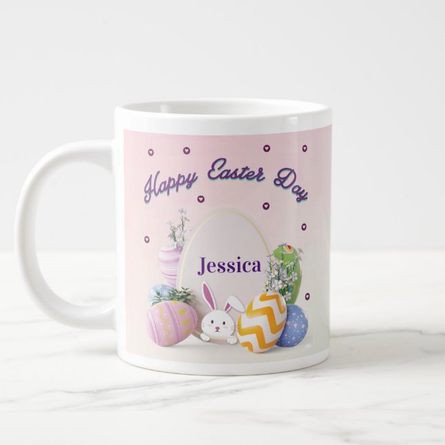 Elegant Personalized Name Happy Easter Day Large Coffee Mug (Left)