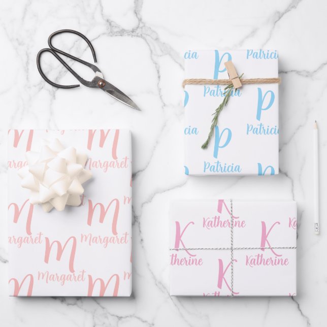 Elegant Personalized Name, Monogram Pink and Blue Wrapping Paper Sheet (Front)