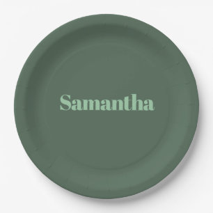 Elegant Personalized Name Typography |sage green Paper Plate