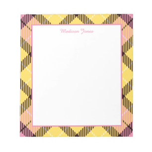 Elegant Personalized Name Yellow Pink Tartan Frame Notepad