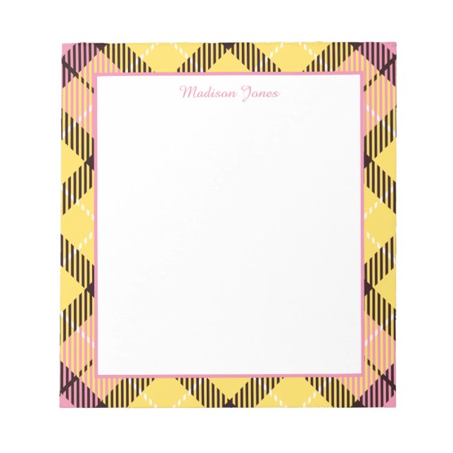 Elegant Personalized Name Yellow Pink Tartan Frame Notepad (Front)