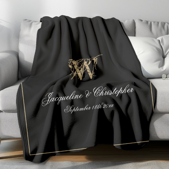 Elegant Personalized Newlywed Keepsake Monogram Fleece Blanket (Gold monogram with white names on black fleece blanket)