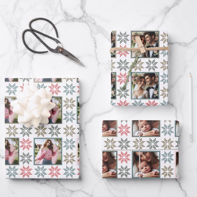 Elegant Personalized Photos and Holiday Poinsettia Wrapping Paper Sheet (Front)