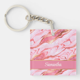 Elegant Personalized Pink and Gold Foil Marble Keychain