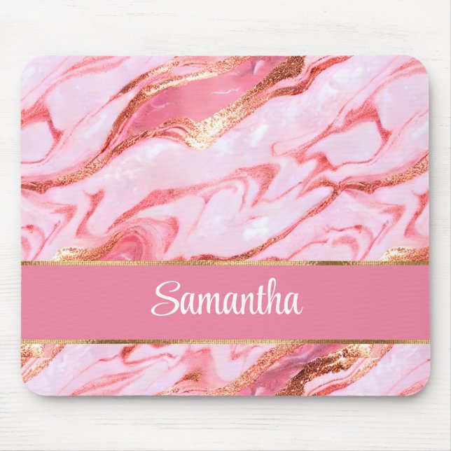 Elegant Personalized Pink and Gold Foil Marble Mouse Pad (Front)