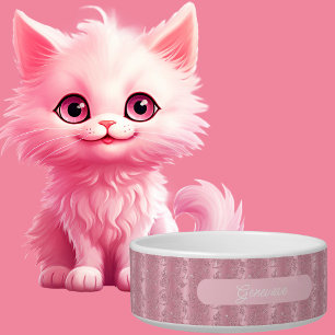 Elegant Personalized Pink Glitter Damask Cat Bowl