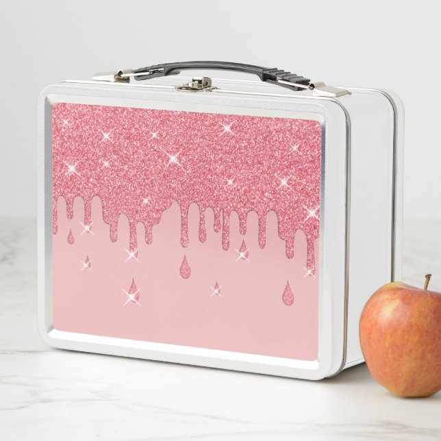 Elegant Personalized Pink Glitter Effect Sparkles Metal Lunch Box (In Situ)