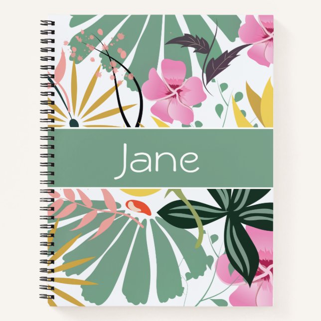 Elegant Personalized Pink Green Floral Notebook (Front)