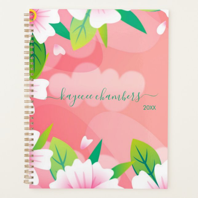Elegant Personalized Pink & White Flowers Custom Planner (Front)